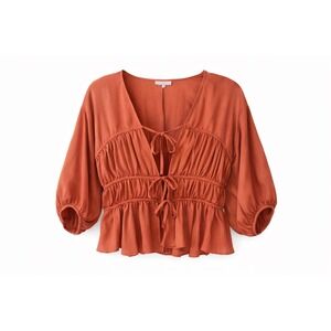 Current Air Rust Boho ie Front Peplum Blouse M Balloon Sleeve Babydoll Top